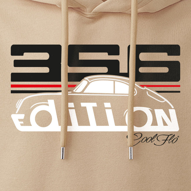 Cool Flo Porsche 356 sand hoody - GT Edition with black, white and red print. Design close-up.