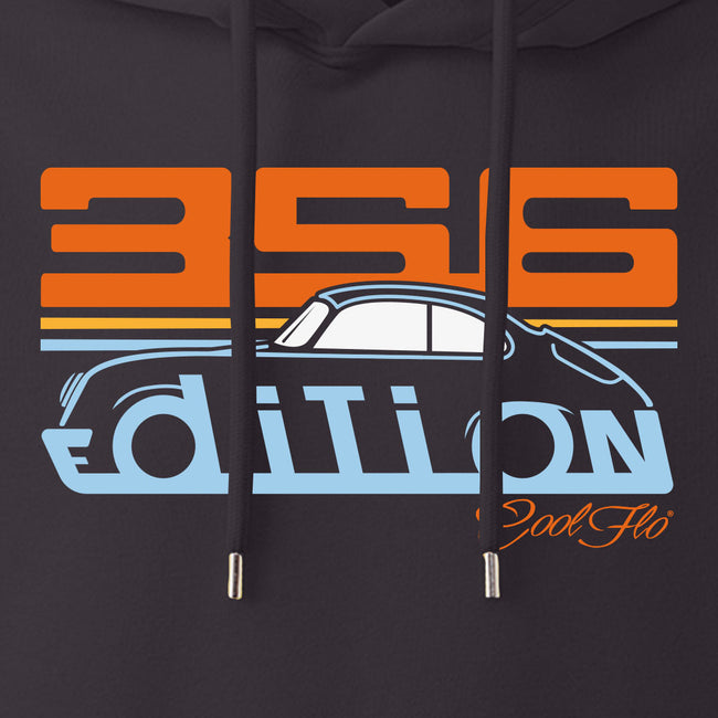 Cool Flo Porsche 356 charcoal grey hoody - Gulf Edition with blue, orange and white print. Design close-up.