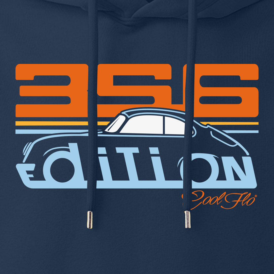 Cool Flo Porsche 356 navy hoody - Gulf Edition with blue, orange and white print. Design close-up.