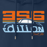Cool Flo Porsche 356 navy hoody - Gulf Edition with blue, orange and white print. Design close-up.