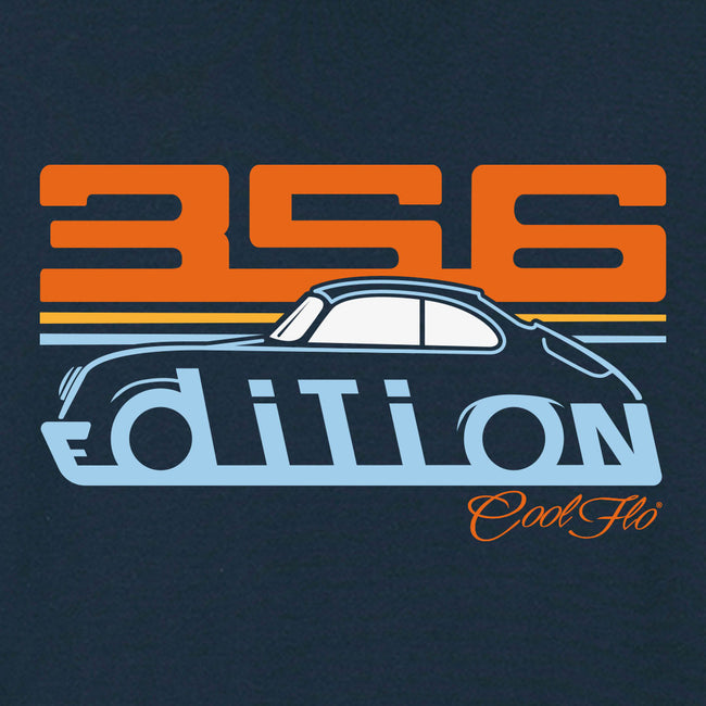 Cool Flo Porsche 356 navy sweatshirt - Gulf Edition with blue, orange and white print. Design close-up.