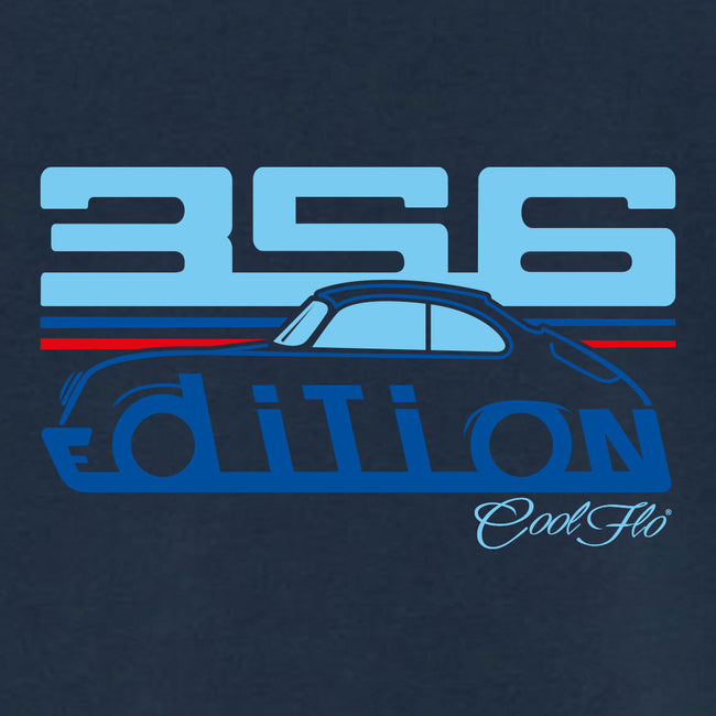 Cool Flo Porsche 356 denim blue t-shirt - Martini Edition with blue and red print. Design close-up.
