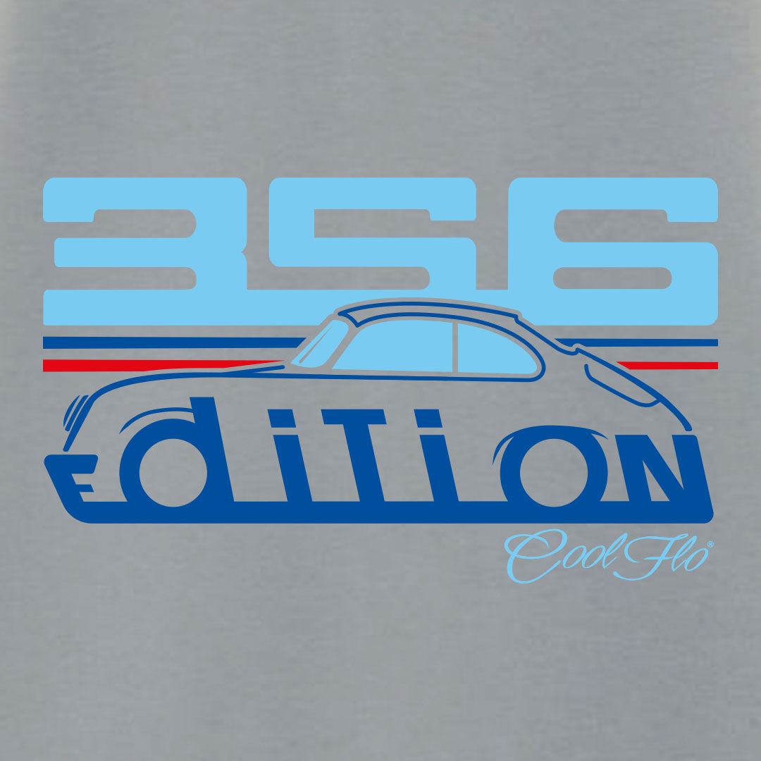 Cool Flo Porsche 356 grey t-shirt - Martini Edition with blue and red print. Design close-up.