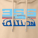 Cool Flo Porsche 356 sand hoody - Martini Edition with blue and red print. Design close-up.