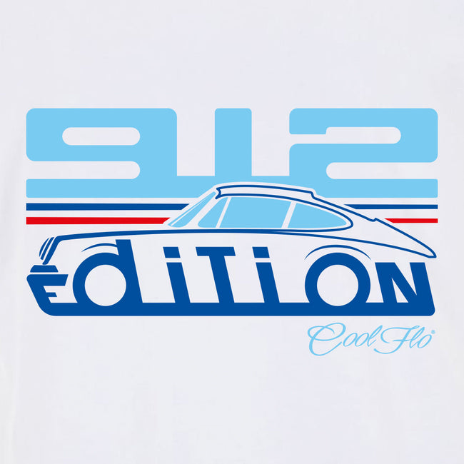 Cool Flo Porsche 912 white t-shirt - Martini Edition with blue and red print. Design close-up.