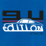 Cool Flo Porsche 911 royal blue t-shirt - GT Edition with black, white and red print. Design close-up.