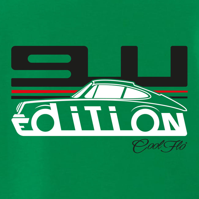 Cool Flo Porsche 911 green t-shirt - GT Edition with black, white and red print. Design close-up.