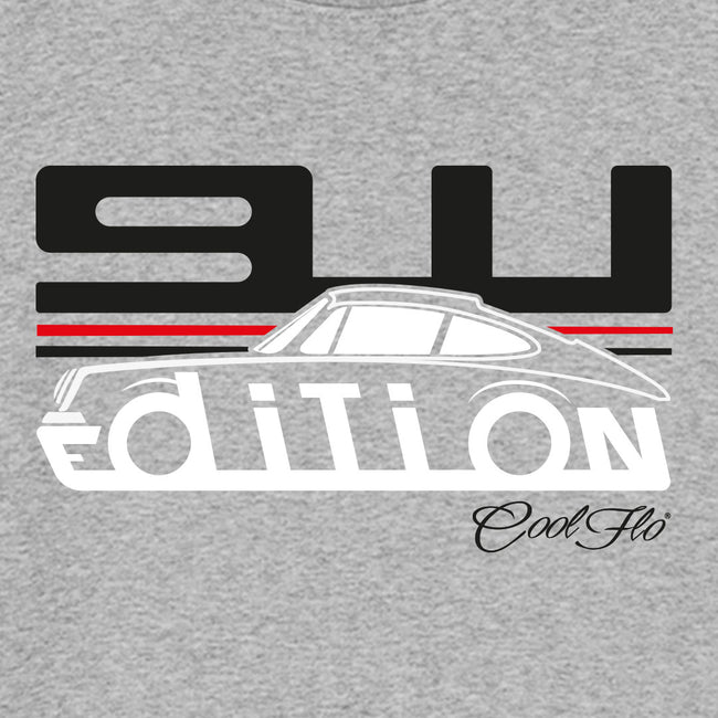 Cool Flo Porsche 911 long-sleeve grey t-shirt - GT Edition with black, white and red print. Design close-up.