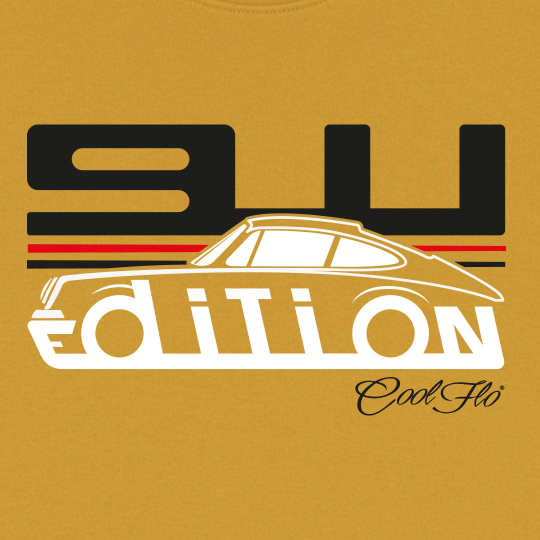 Cool Flo Porsche 911 ochre sweatshirt - GT Edition with black, white and red print. Design close-up.