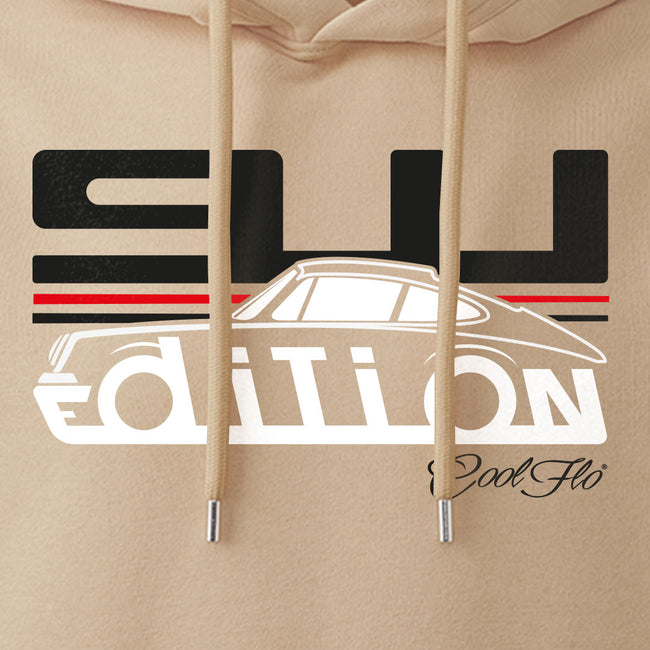 Cool Flo Porsche 911 sand hoody - GT Edition with black, white and red print. Design close-up.