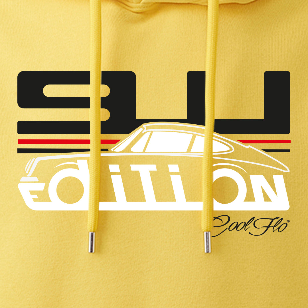 Cool Flo Porsche 911 yellow hoody - GT Edition with black, white and red print. Design close-up.