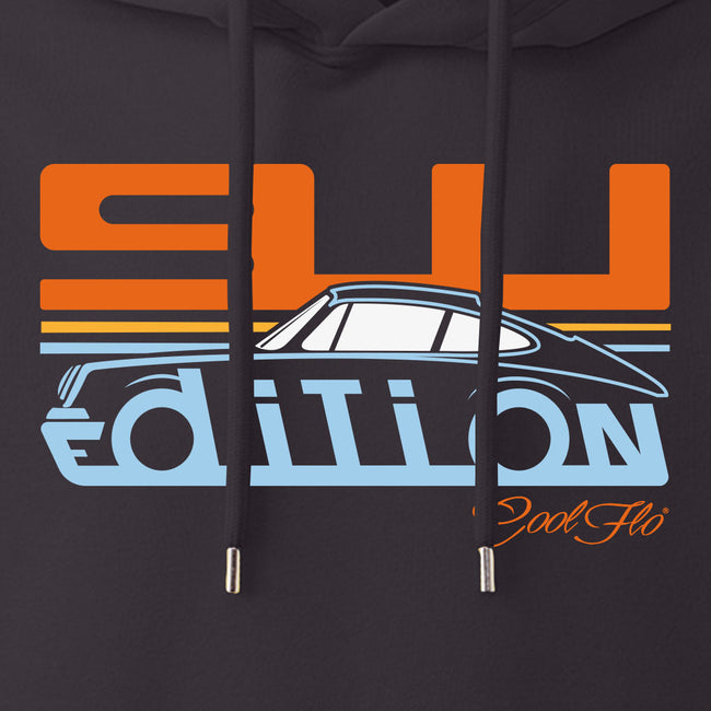Cool Flo Porsche 911 charcoal grey hoody - Gulf Edition with blue, orange and white print. Design close-up.