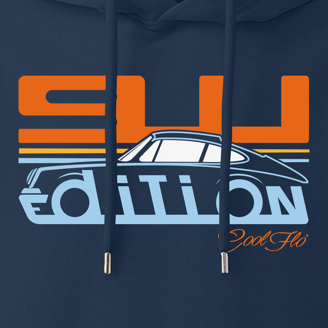 Cool Flo Porsche 911 navy hoody - Gulf Edition with blue, orange and white print. Design close-up.