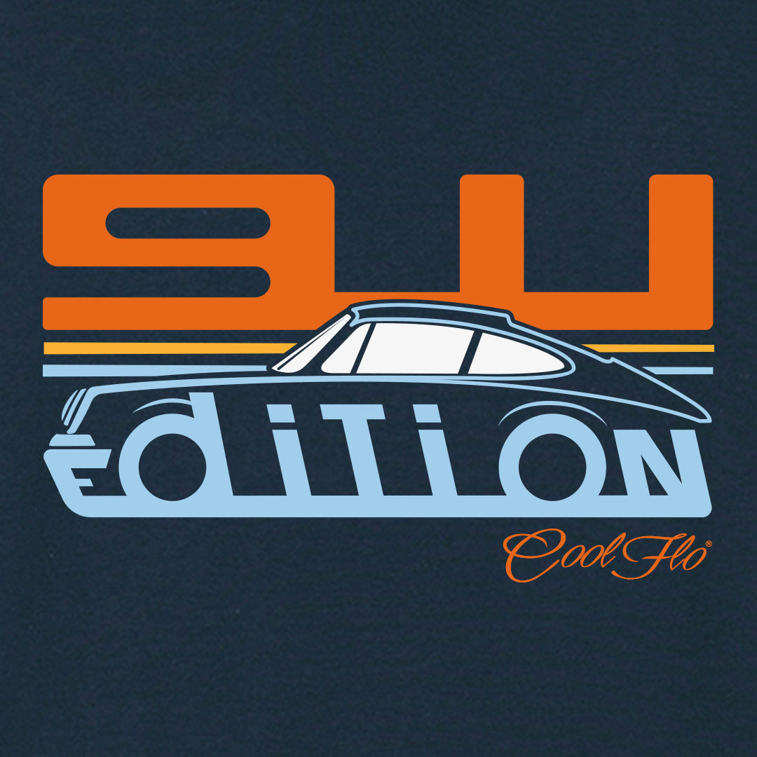 Cool Flo Porsche 911 navy sweatshirt - Gulf Edition with blue, orange and white print. Design close-up.
