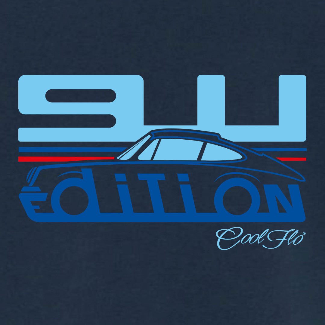 Cool Flo Porsche 911 denim blue t-shirt - Martini Edition with blue and red print. Design close-up.