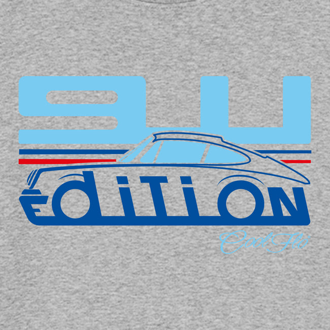 Cool Flo Porsche 911 grey sweatshirt - Martini Edition with blue and red print. Design close-up.
