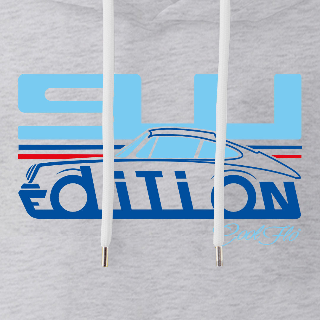 Cool Flo Porsche 911 light grey hoody - Martini Edition with blue and red print. Design close-up.
