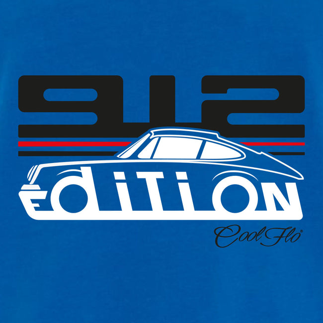 Cool Flo Porsche 912 royal blue t-shirt - GT Edition with black, white and red print. Design close-up.