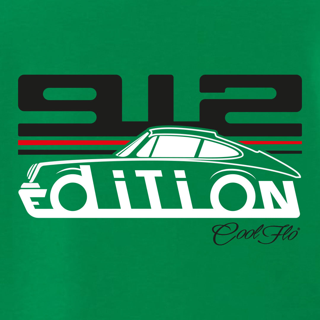 Cool Flo Porsche 912 green t-shirt - GT Edition with black, white and red print. Design close-up.