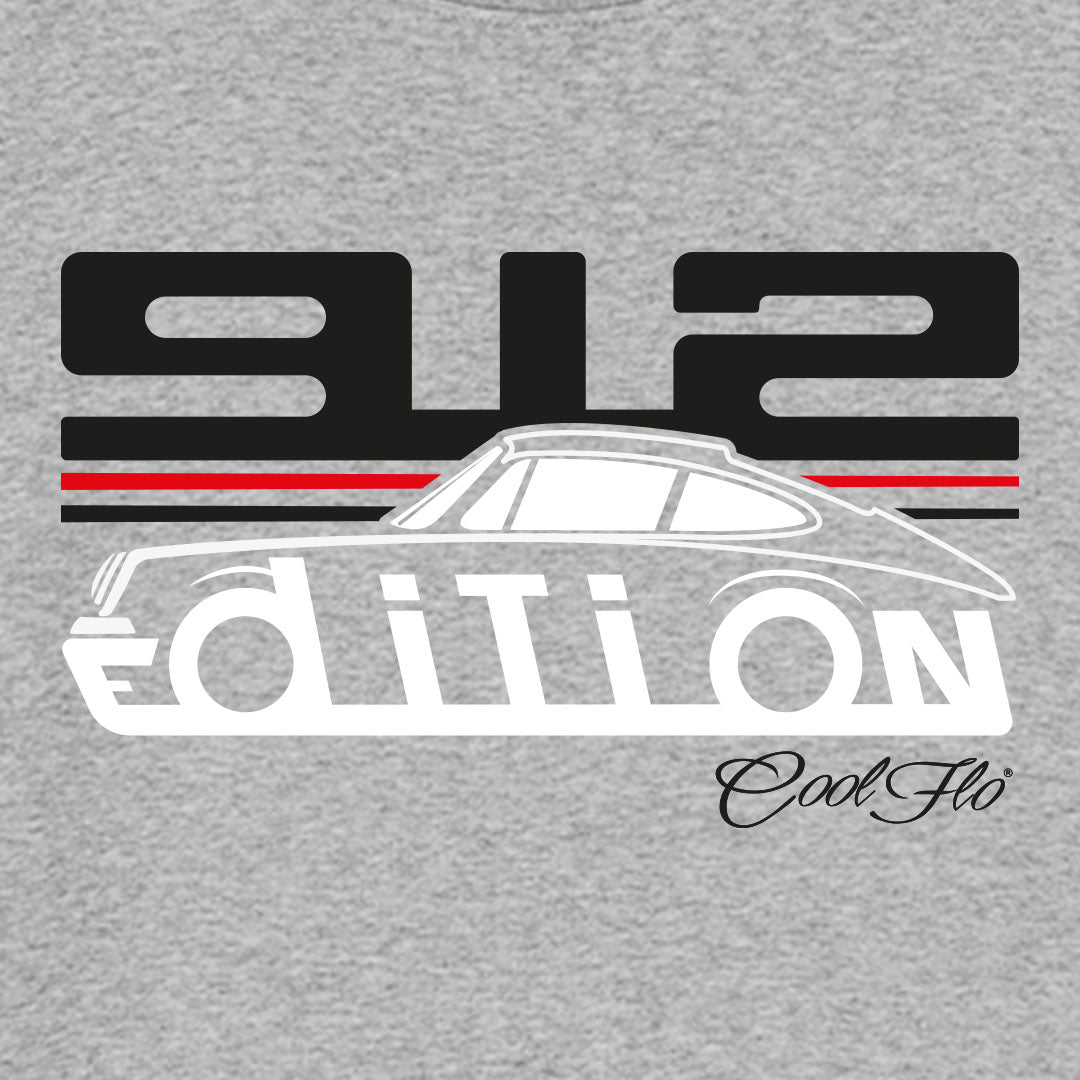 Cool Flo Porsche 912 long-sleeve grey t-shirt - GT Edition with black, white and red print. Design close-up.