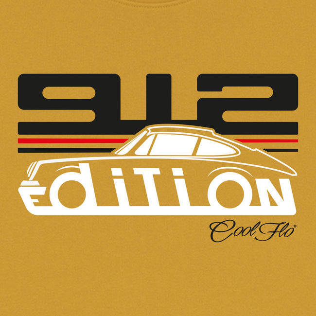 Cool Flo Porsche 912 ochre sweatshirt - GT Edition with black, white and red print. Design close-up.