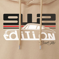 Cool Flo Porsche 912 sand hoody - GT Edition with black, white and red print. Design close-up.