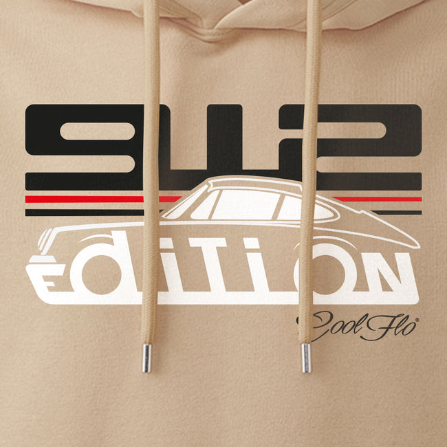 Cool Flo Porsche 912 sand hoody - GT Edition with black, white and red print. Design close-up.