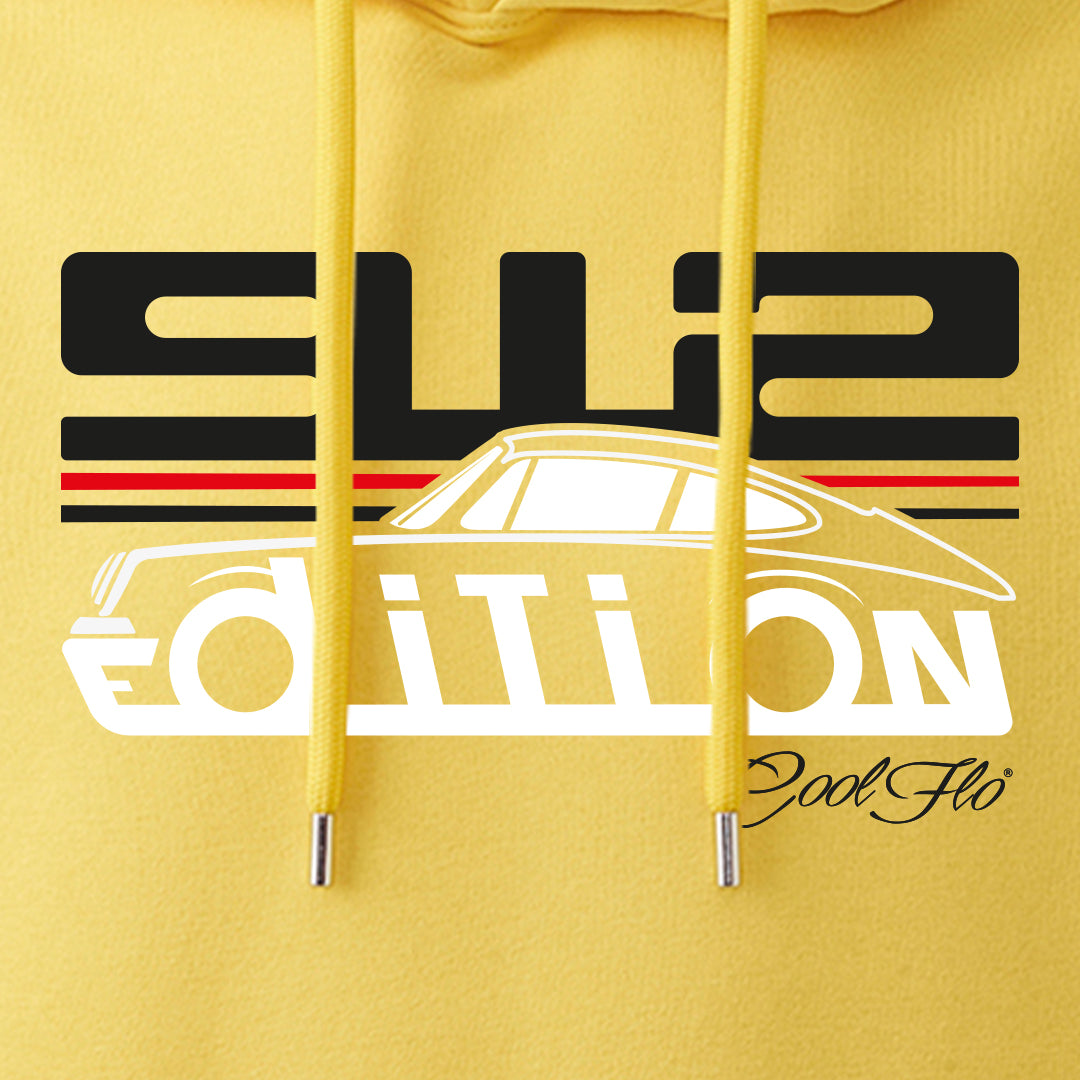 Cool Flo Porsche 912 yellow hoody - GT Edition with black, white and red print. Design close-up.