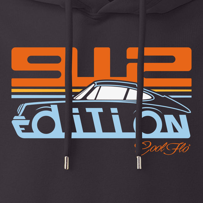 Cool Flo Porsche 912 charcoal grey hoody - Gulf Edition with blue, orange and white print. Design close-up.