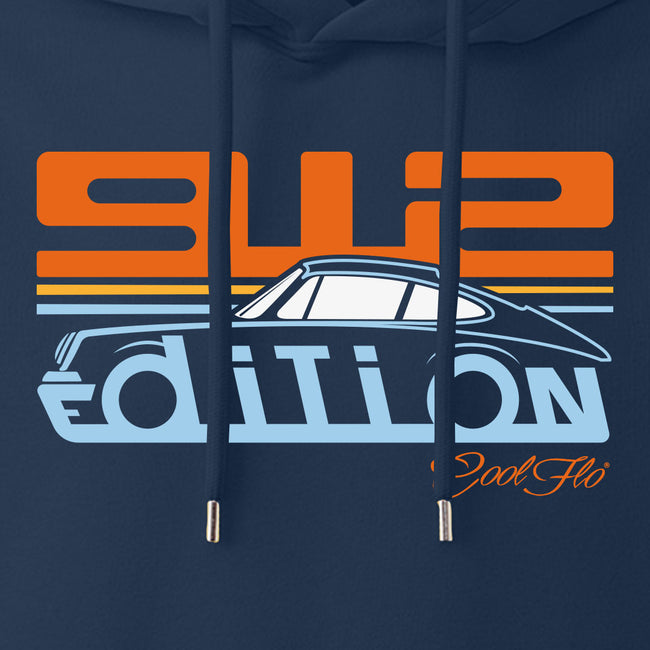 Cool Flo Porsche 912 navy hoody - Gulf Edition with blue, orange and white print. Design close-up.