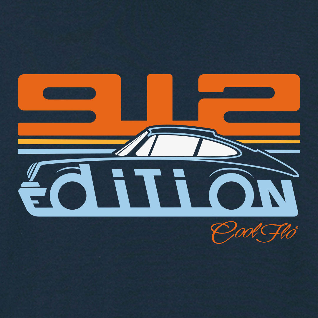 Cool Flo Porsche 912 navy sweatshirt - Gulf Edition with blue, orange and white print. Design close-up.