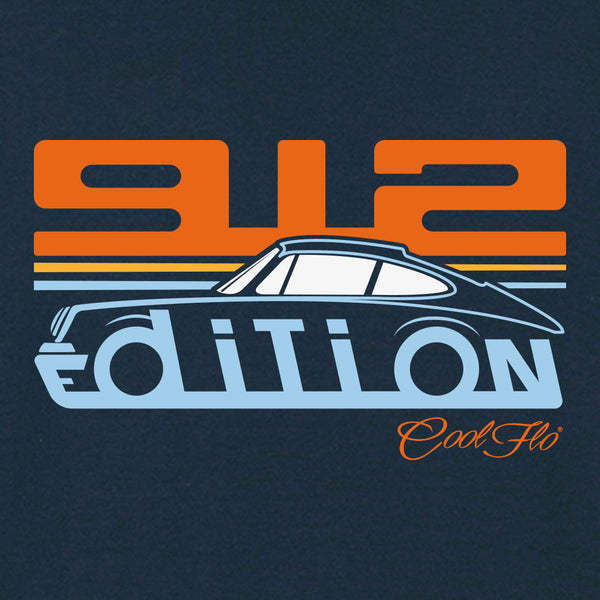 Cool Flo Porsche 912 navy sweatshirt - Gulf Edition with blue, orange and white print. Design close-up.