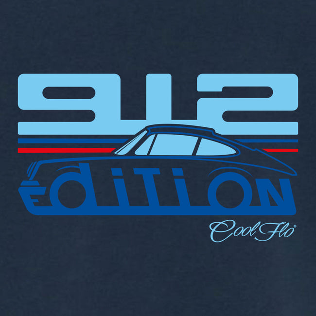 Cool Flo Porsche 912 denim blue t-shirt - Martini Edition with blue and red print. Design close-up.