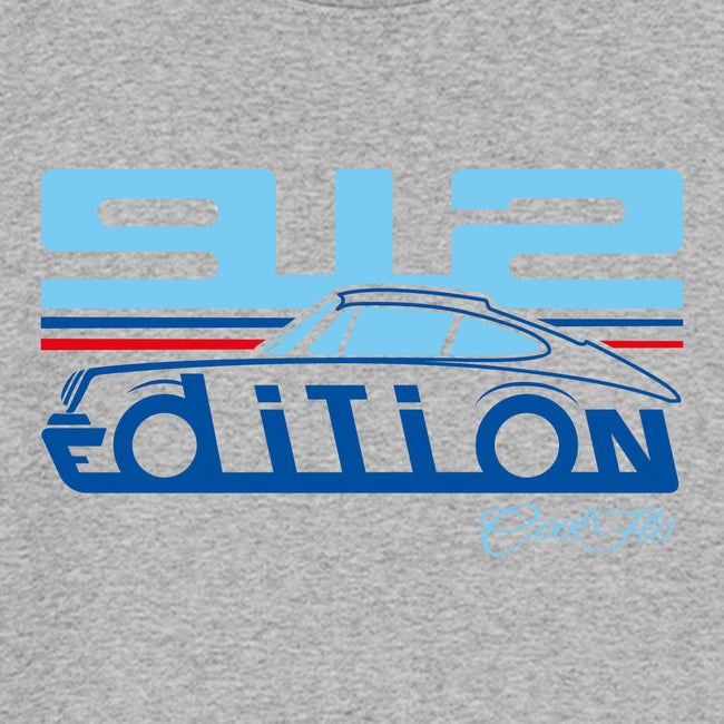 Cool Flo Porsche 912 grey sweatshirt - Martini Edition with blue and red print. Design close-up.