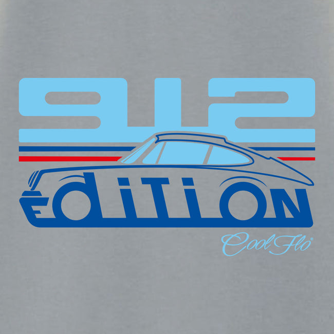 Cool Flo Porsche 912 grey t-shirt - Martini Edition with blue and red print. Close-up of design.