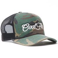 Camo White Script Trucker Cap - Cool Flo