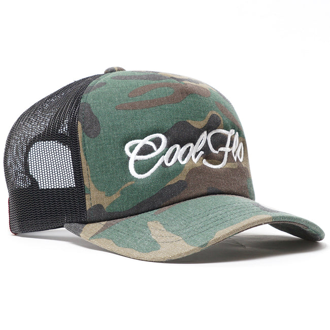 Camo White Script Trucker Cap - Cool Flo