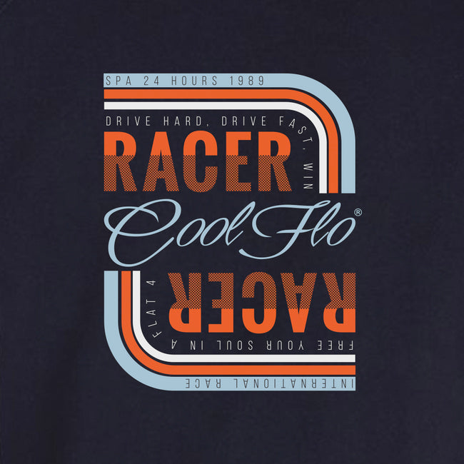 Cool Flo Navy Racer Hoody with Gulf racing colours - close-up of design on navy