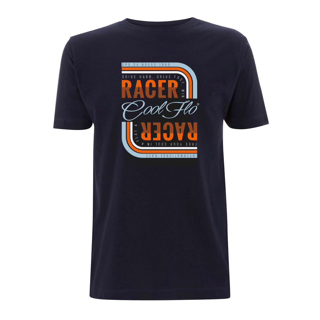 Cool Flo White Racer t-shirt with graphic design in Gulf racing colours.