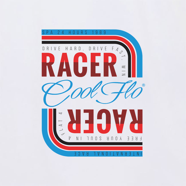 Cool Flo White Racer t-shirt with graphic design in Martini racing colours - close-up