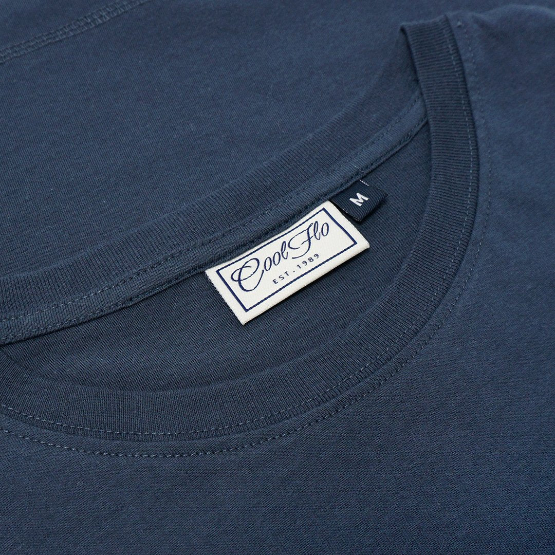 Worldwide Shipping Denim Blue t-shirt neck label