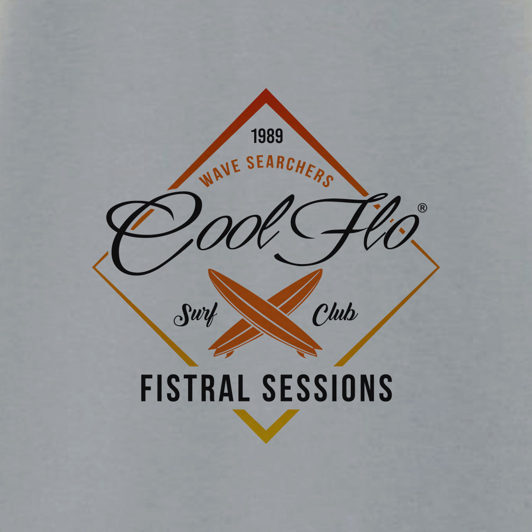 Cool Flo Grey Fistral Sessions t-shirt with yellow, orange and black diamond shape and surf boards design - close-up