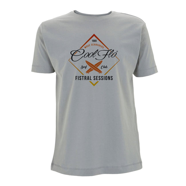 Cool Flo Grey Fistral Sessions t-shirt with yellow, orange and black diamond shape and surf boards design.