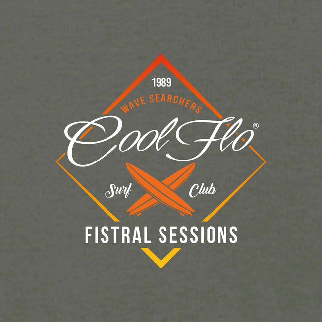 Cool Flo Khaki Fistral Sessions hoody with yellow, orange and white diamond shape and surf boards design - close-up