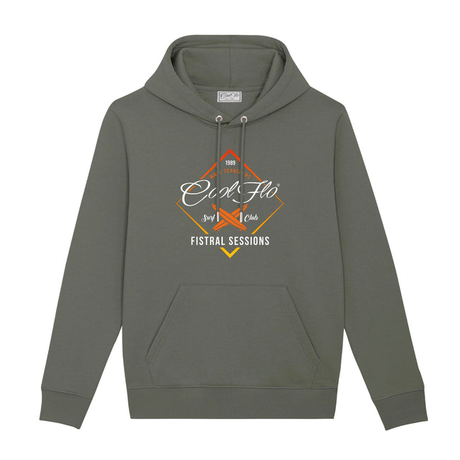 Cool Flo Khaki Fistral Sessions hoody with yellow, orange and white diamond shape and surf boards design.