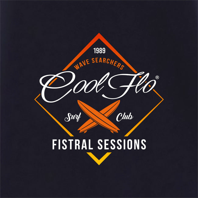 Cool Flo Navy Fistral Sessions t-shirt with yellow, orange and white diamond shape and surf boards design - close-up