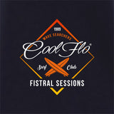 Cool Flo Navy Fistral Sessions t-shirt with yellow, orange and white diamond shape and surf boards design - close-up