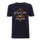 Cool Flo Navy Fistral Sessions t-shirt with yellow, orange and white diamond shape and surf boards design.