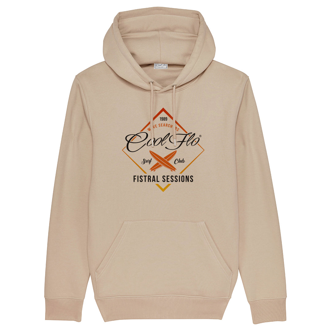 Cool Flo Sand Fistral Sessions Hoody with yellow, orange and black diamond shape and surf boards design.