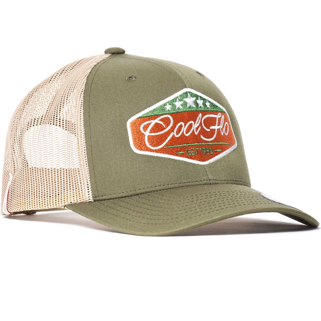 Five Star Green and Khaki Cool Flo Trucker cap with embroidered badge design
